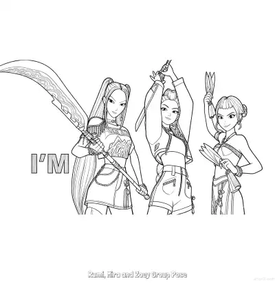 猎魔女团三人持武器摆拍涂色页 – 免费可打印简笔画涂色画