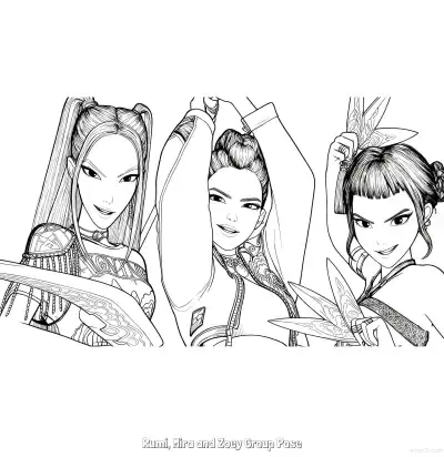 猎魔女团三人面部特写微笑涂色页 – 免费可打印简笔画涂色画