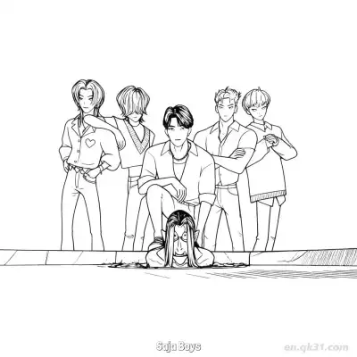 猎魔男团五人组独特坐姿涂色页 – 免费可打印简笔画涂色画