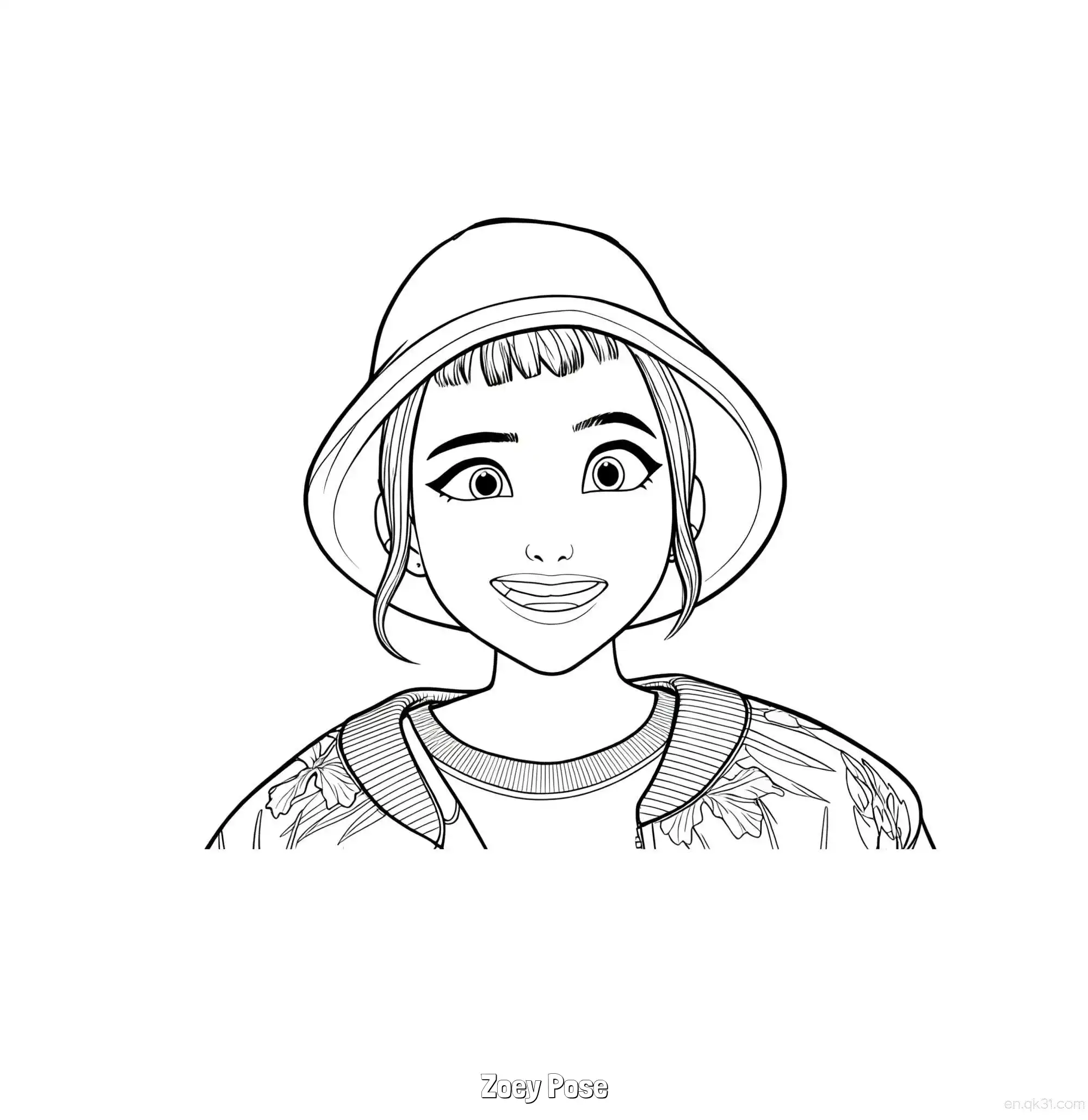 免费 佐依戴渔夫帽甜美微笑涂色页 简笔画涂色页