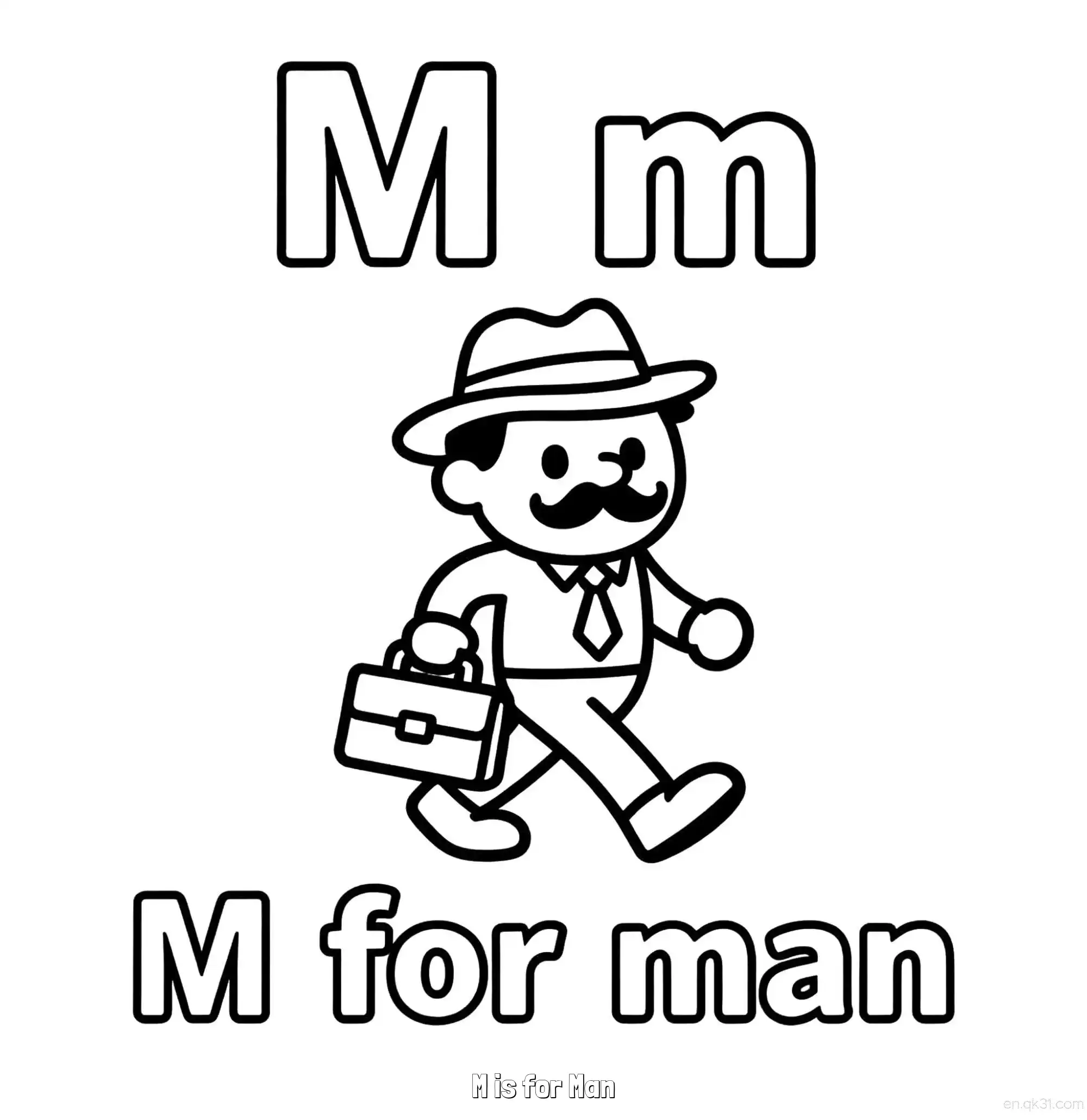 免费 M代表男人 简笔画 素描 涂鸦 - 免费可打印认识英文字母 下载PDF 简笔画涂色页