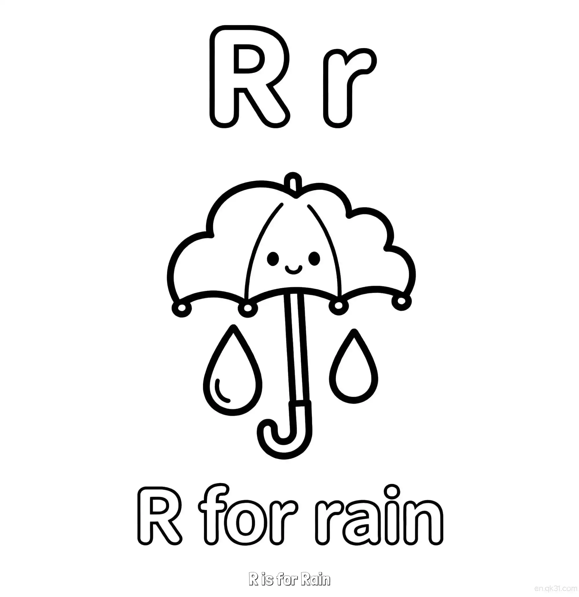 免费 R代表雨 简笔画 素描 涂鸦 - 免费可打印认识英文字母 下载PDF 简笔画涂色页