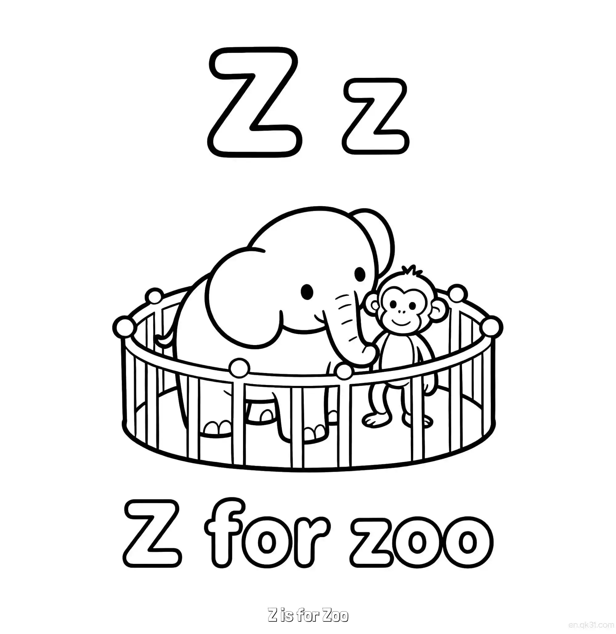 免费 Z代表动物园 简笔画 素描 涂鸦 - 免费可打印认识英文字母 下载PDF 简笔画涂色页