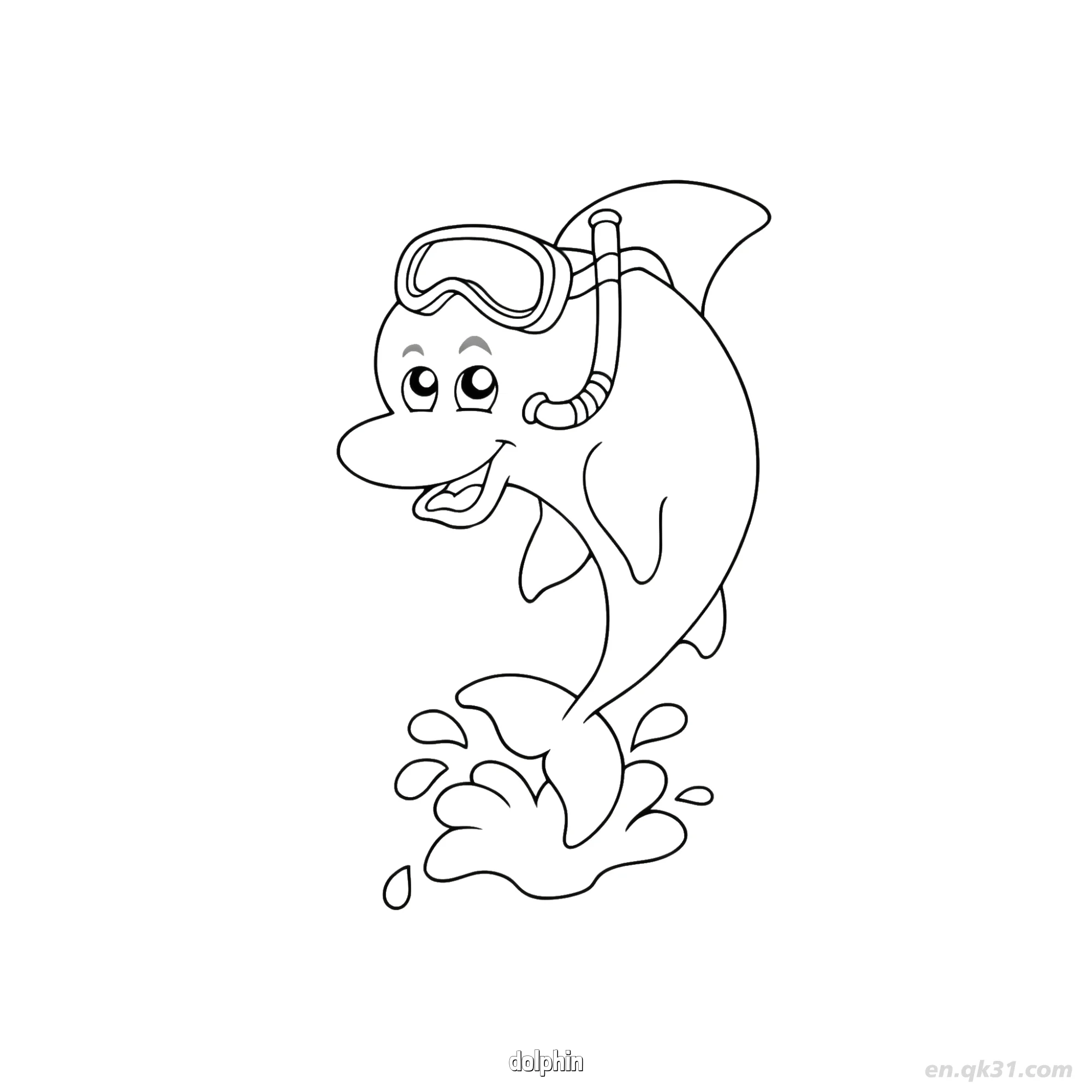 免费 戴呼吸管面罩海豚涂色页 简笔画涂色页