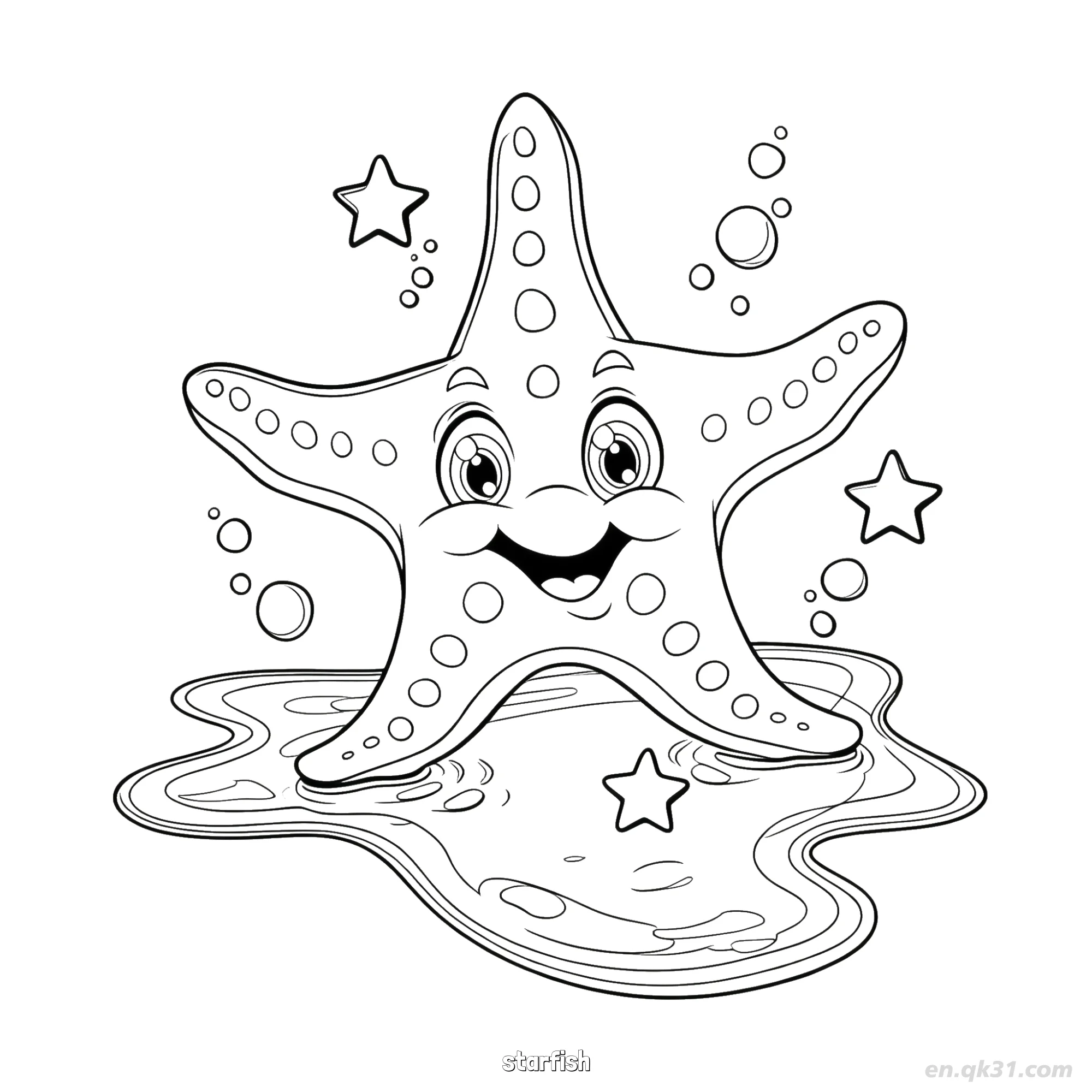 兴奋海星海滩场景简笔画涂色画 – 为儿童和成人提供的免费可打印简笔画涂色画