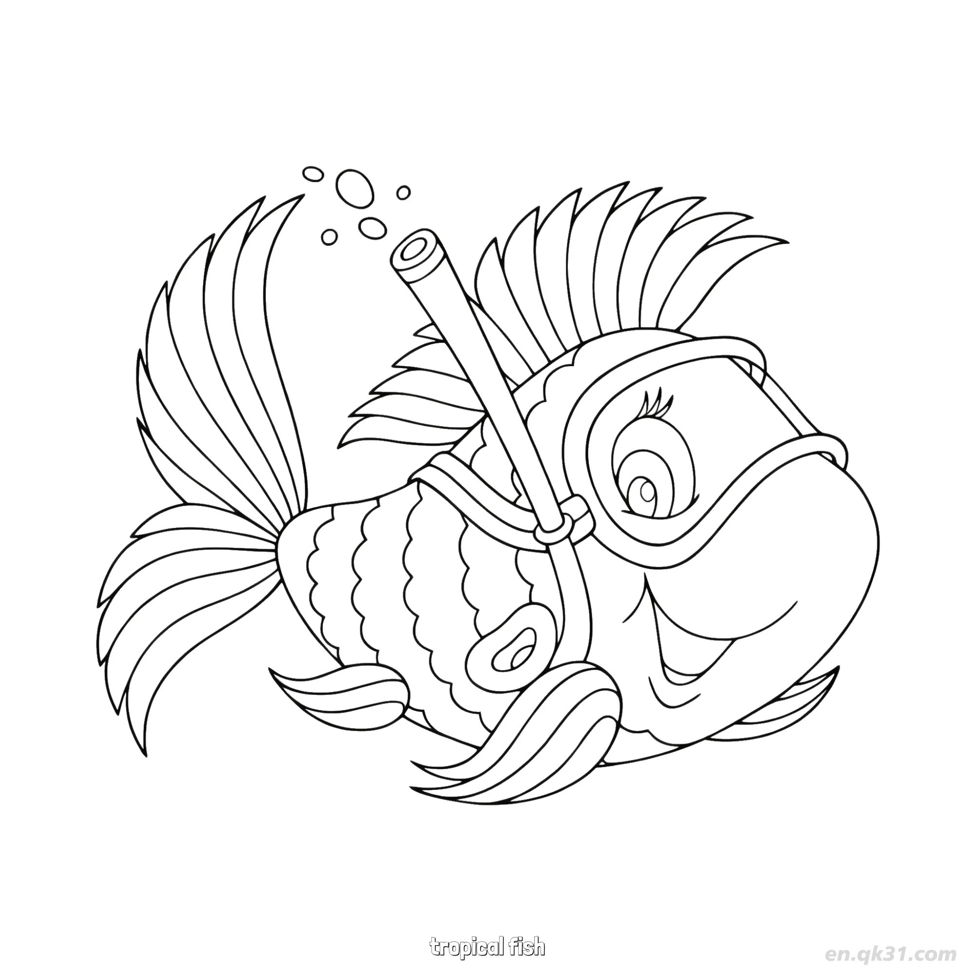免费 戴呼吸管热带鱼涂色页  简笔画涂色页