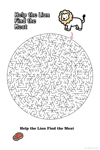 狮子迷宫打印 -  safari找肉主题  – 免费可打印简笔画涂色画