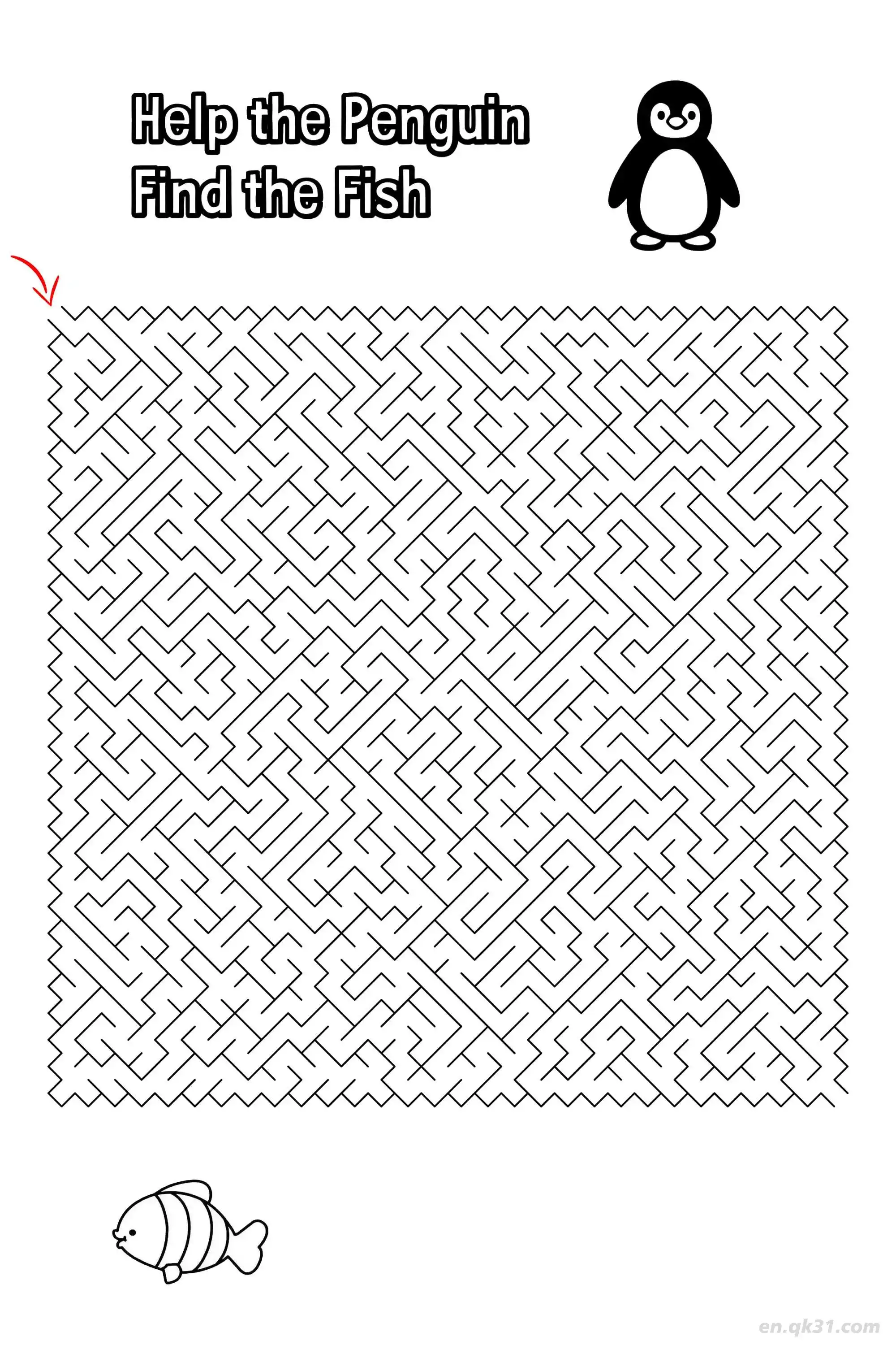 免费 企鹅找鱼迷宫 - 北极动物拼图  简笔画涂色页