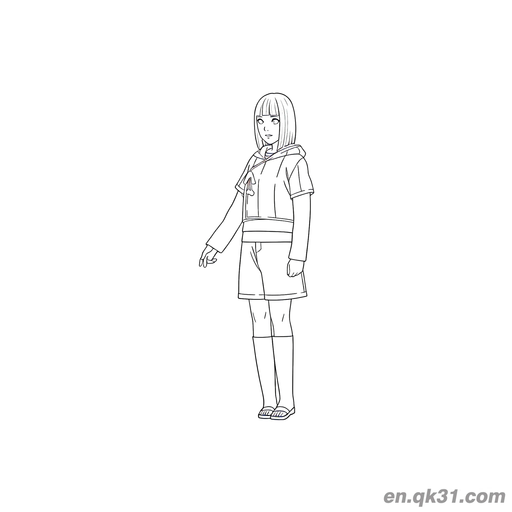 免费 日向雏田短裤休闲装扮火影忍者涂色页 简笔画涂色页