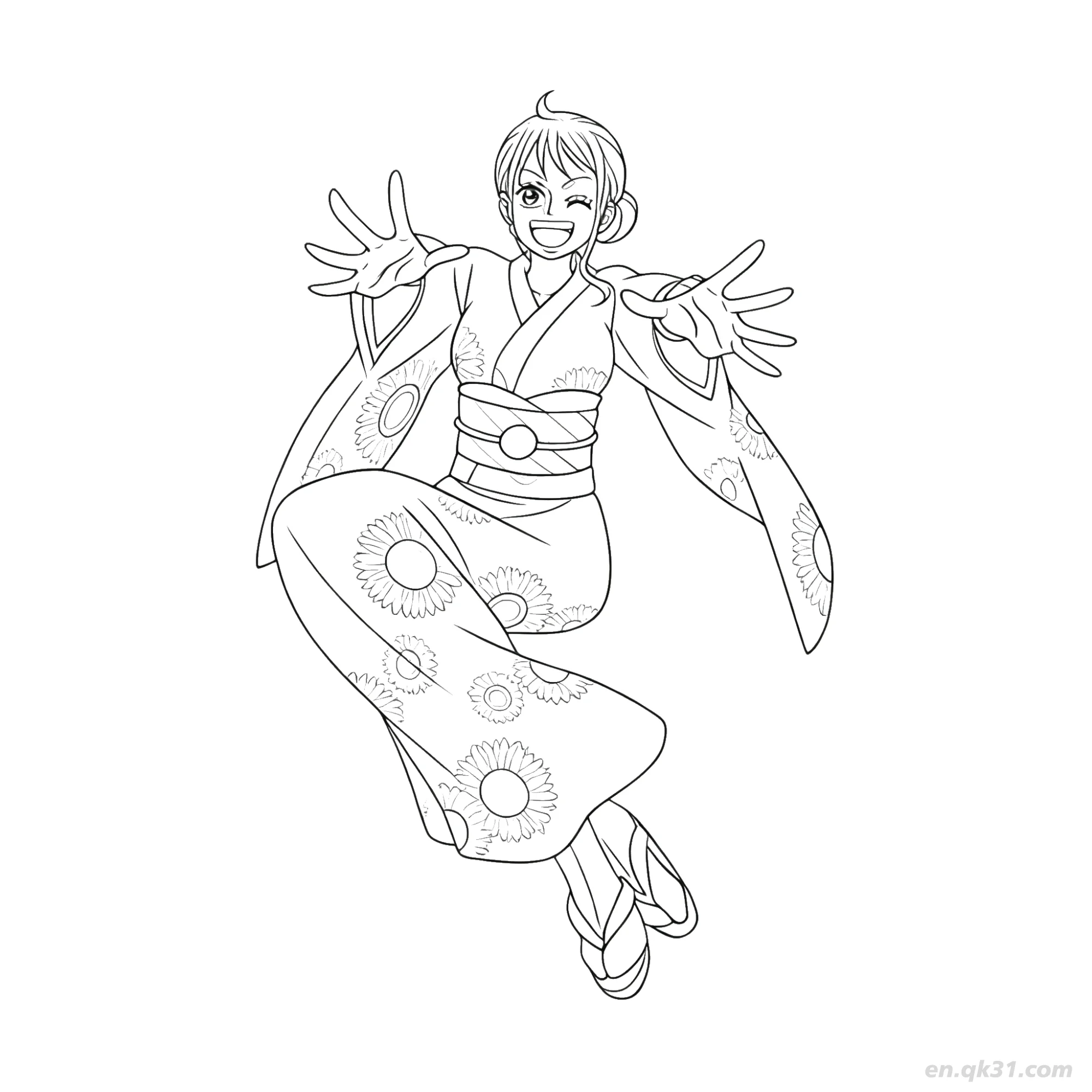 免费 娜美和之国和服跳跃开心海贼王涂色  简笔画涂色页