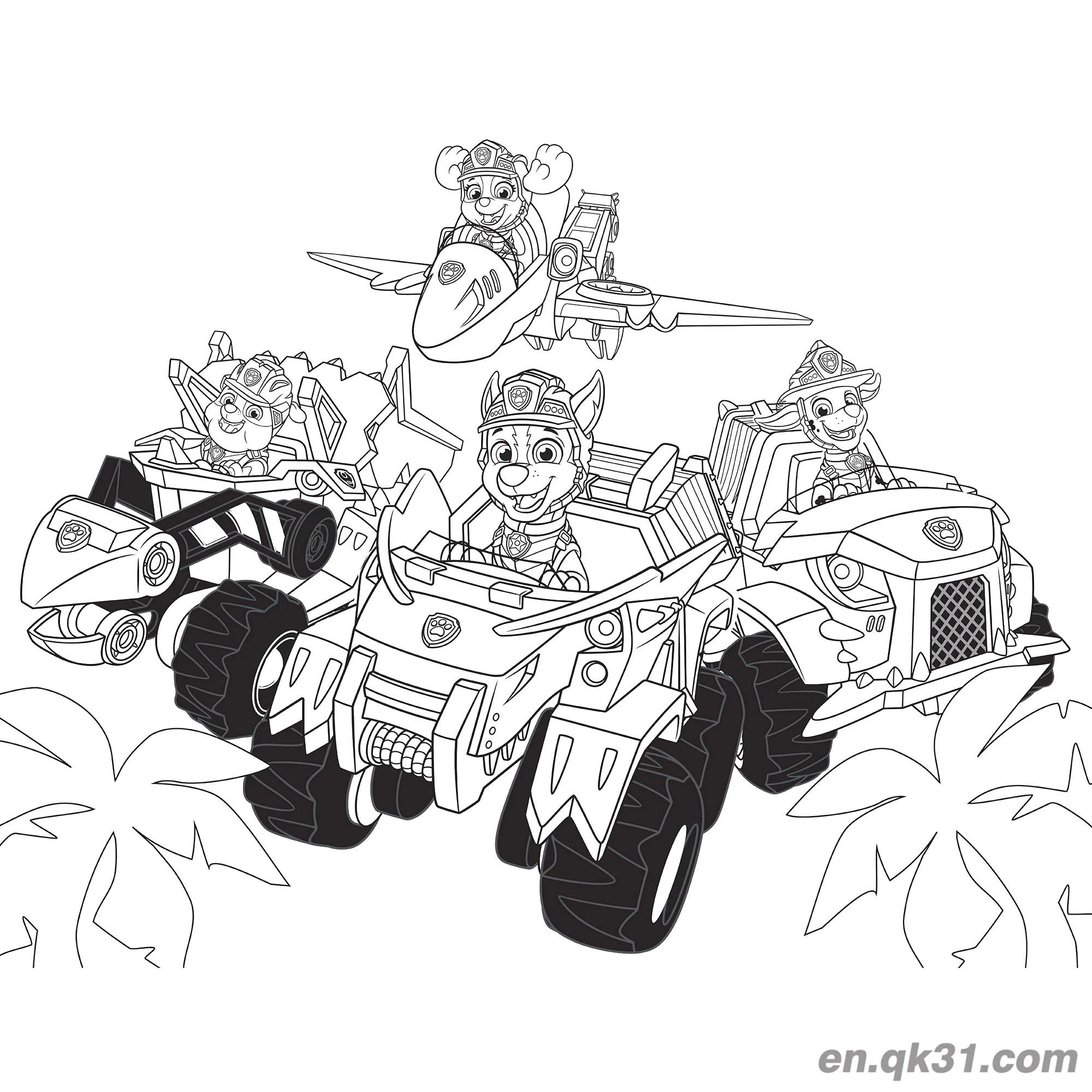 免费 汪汪队立大功狗狗载具合集涂色页 简笔画涂色页