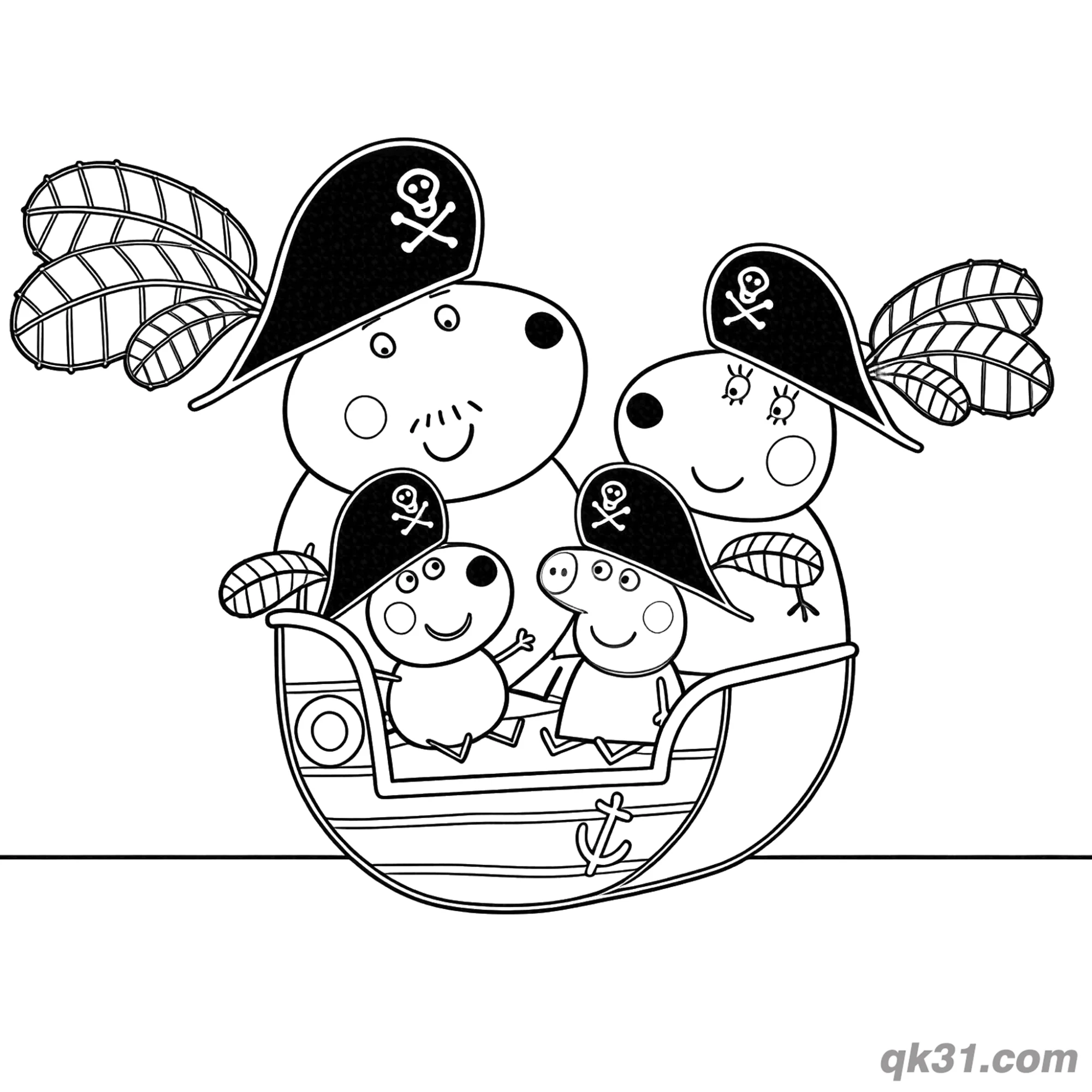 免费 小狗丹尼一家海盗船冒险简笔画涂色页 简笔画涂色页