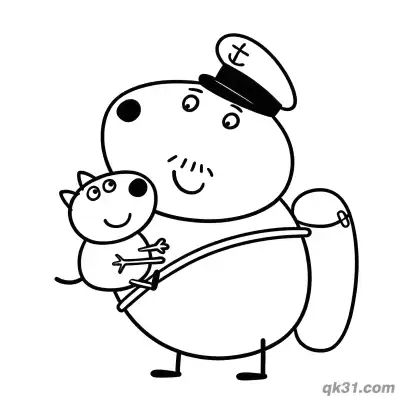 狗爸爸抱着小狗丹尼船长简笔画涂色页 – 免费可打印简笔画涂色画
