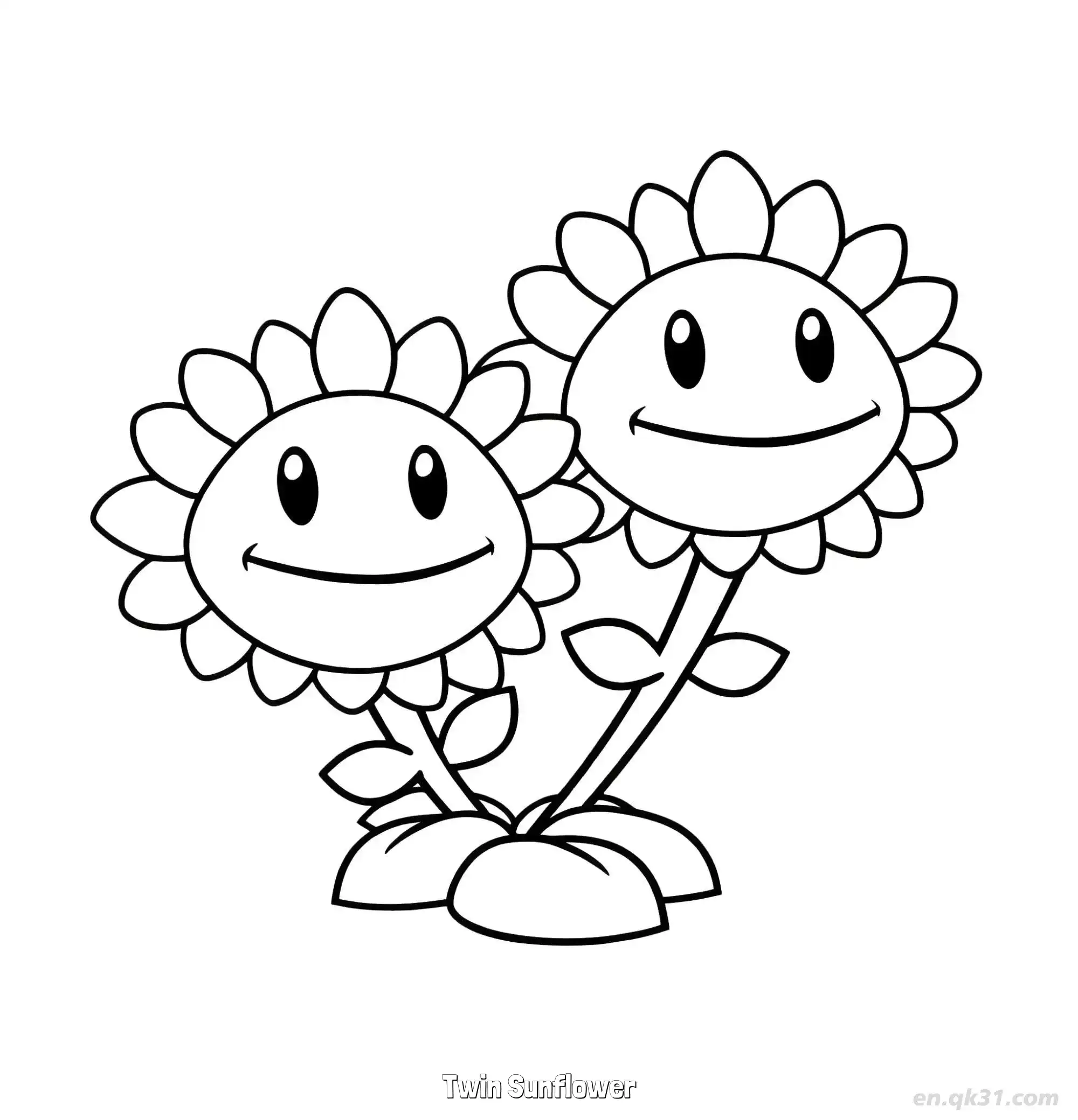 免费 双子向日葵 简笔画 素描 涂鸦 - 免费可打印植物大战僵尸 下载PDF 简笔画涂色页