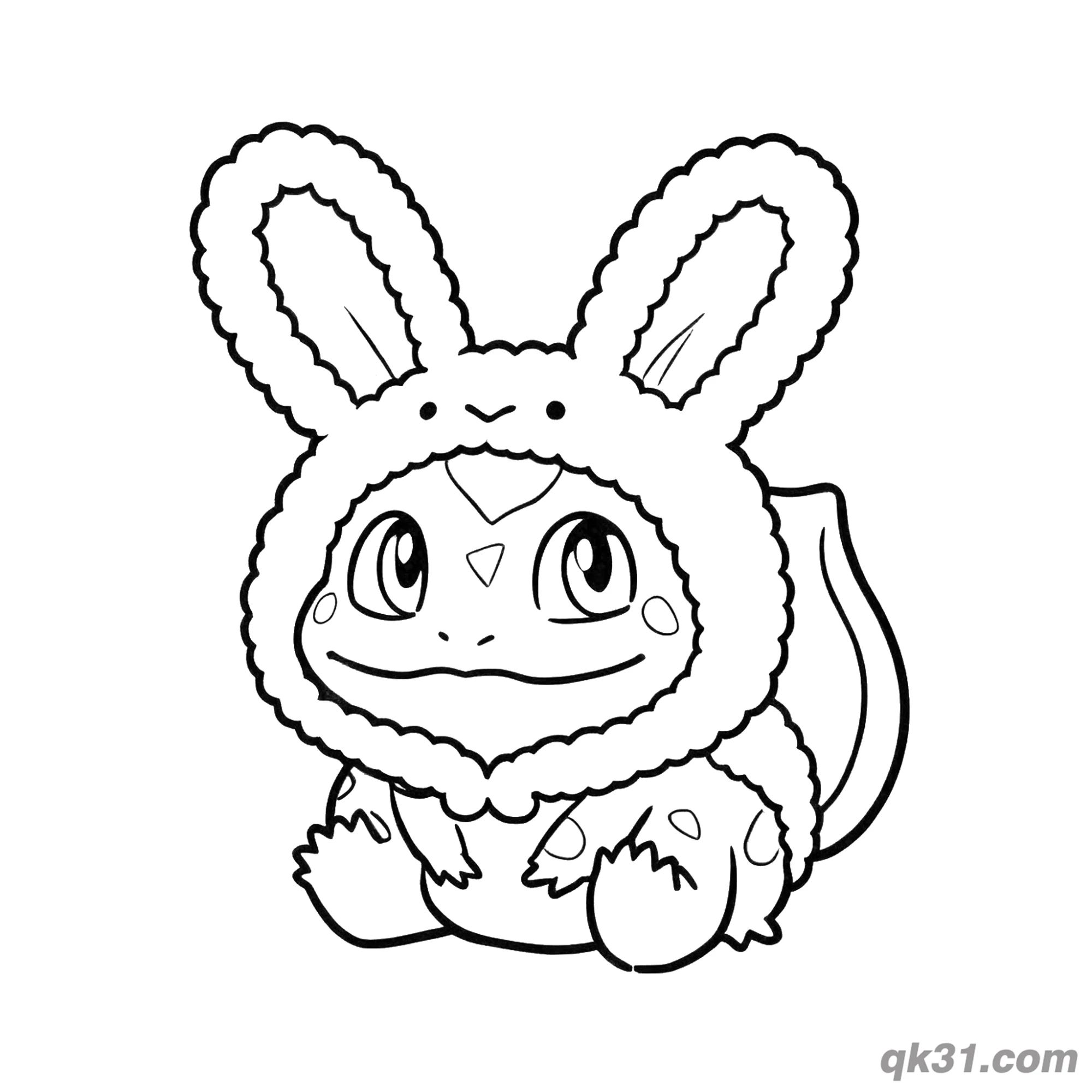 免费 妙蛙种子毛绒兔耳装扮简笔画涂色页 简笔画涂色页