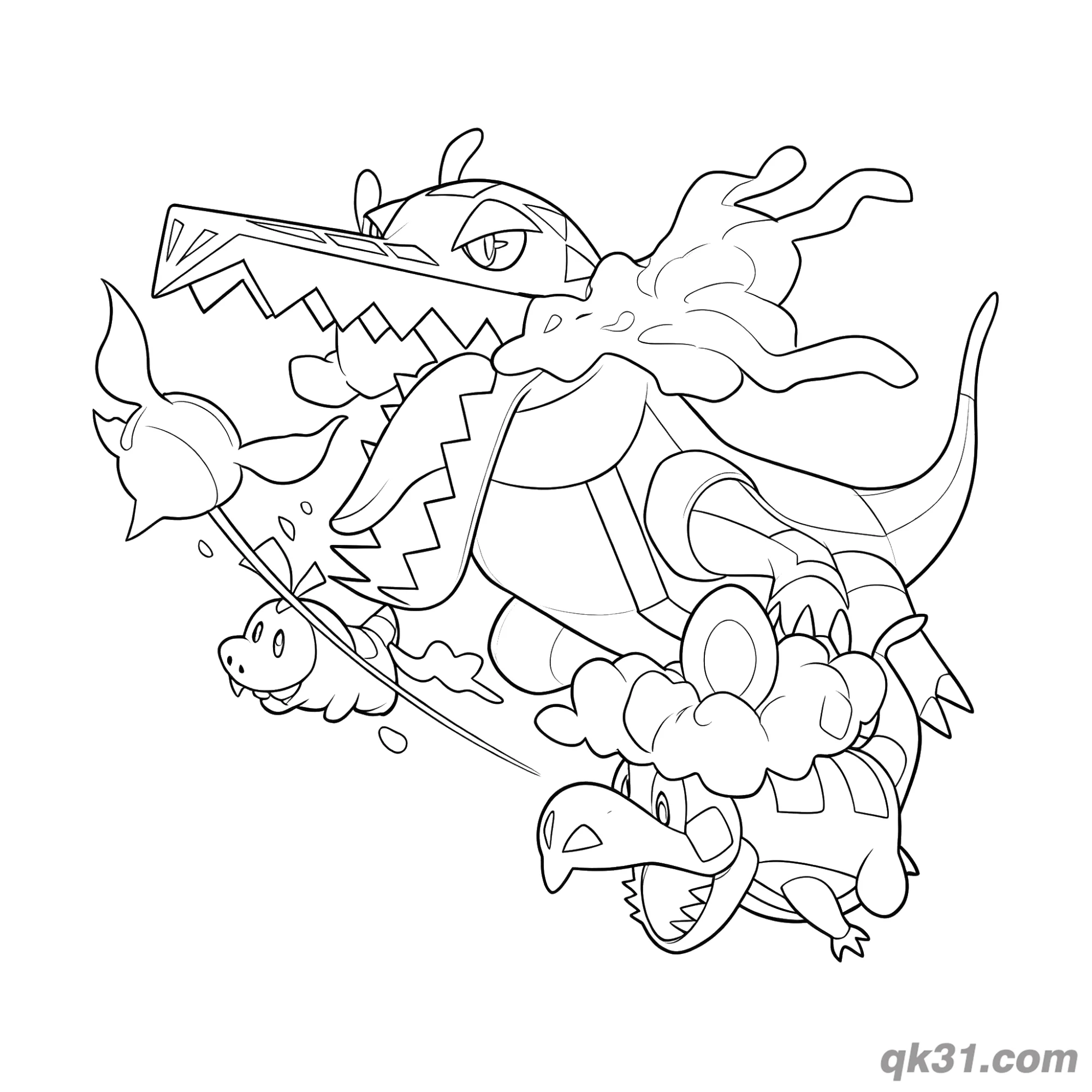 免费 呆火鳄炙烫鳄骨纹巨声鳄对战组简笔画涂色页 简笔画涂色页