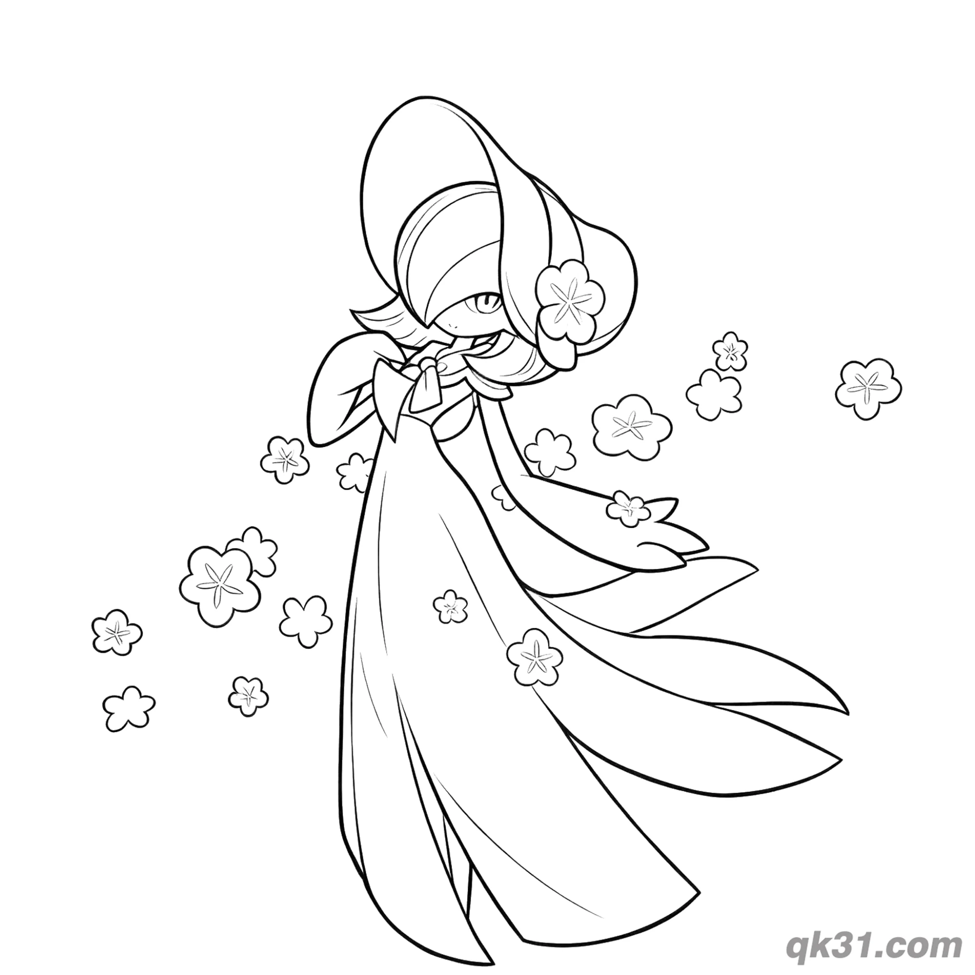 免费 沙奈朵花帽飘落花瓣简笔画涂色页 简笔画涂色页