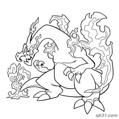 火焰环绕蹲姿超级巨化喷火龙涂色页 – 免费可打印简笔画涂色画