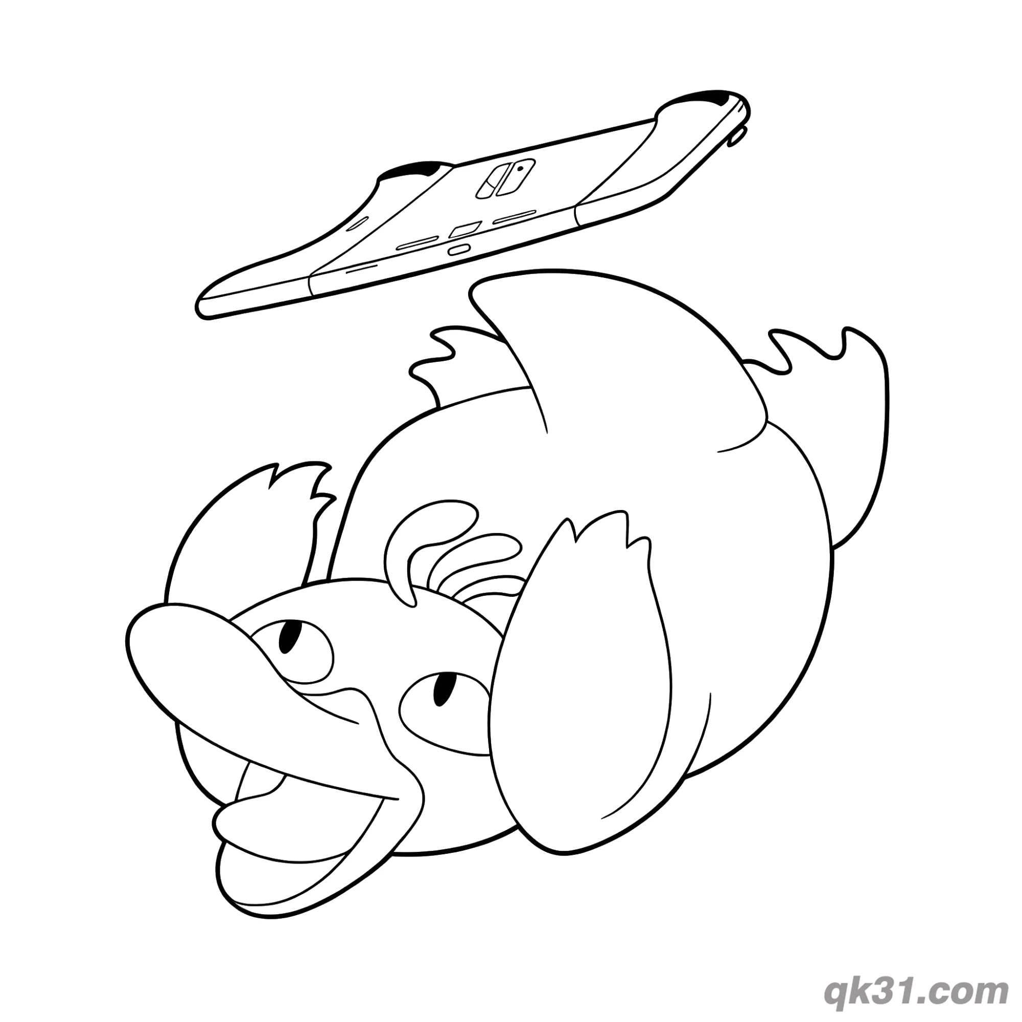免费 可达鸭看手机仰面摔倒简笔画涂色页 简笔画涂色页