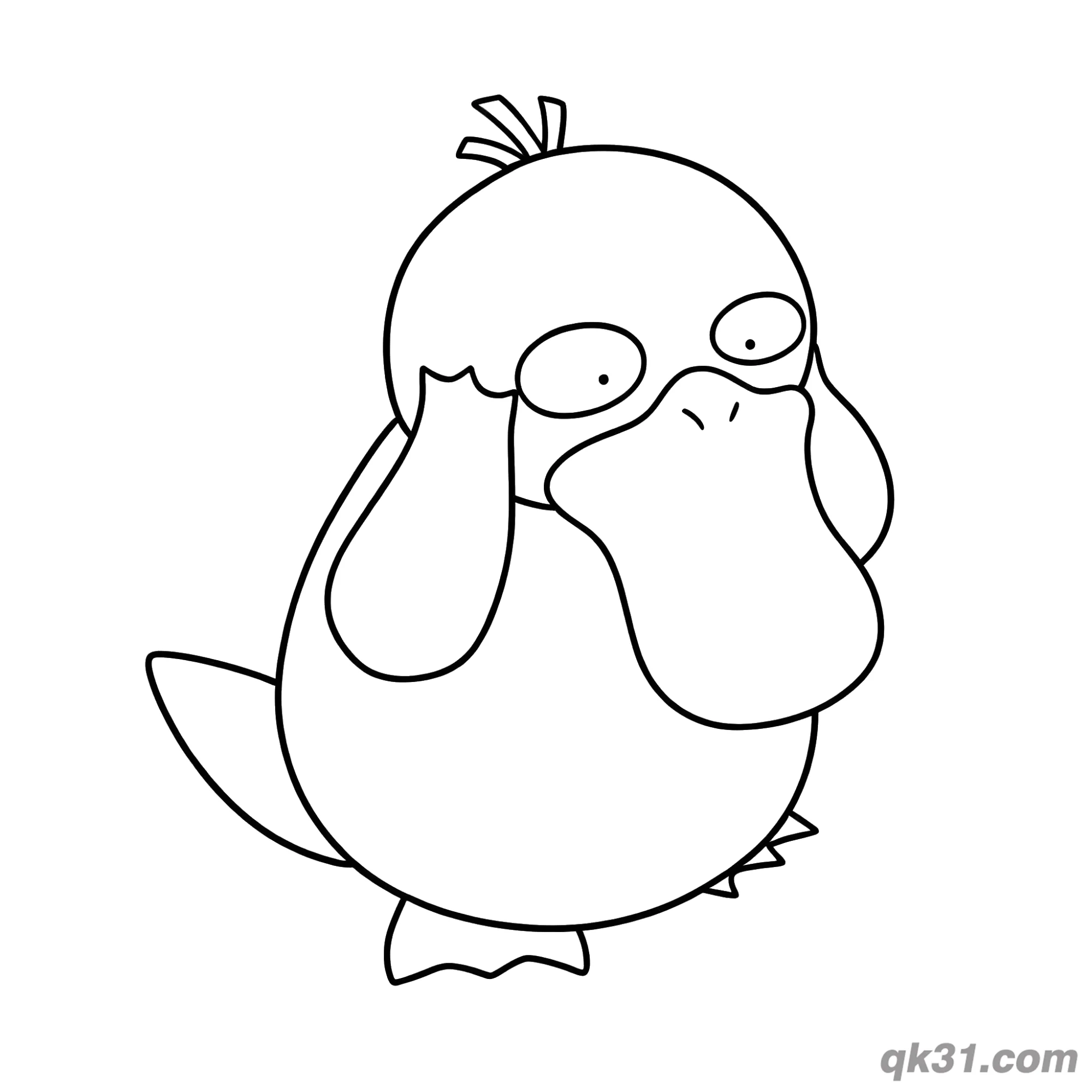 免费 可达鸭害羞单手托腮简笔画涂色页 简笔画涂色页