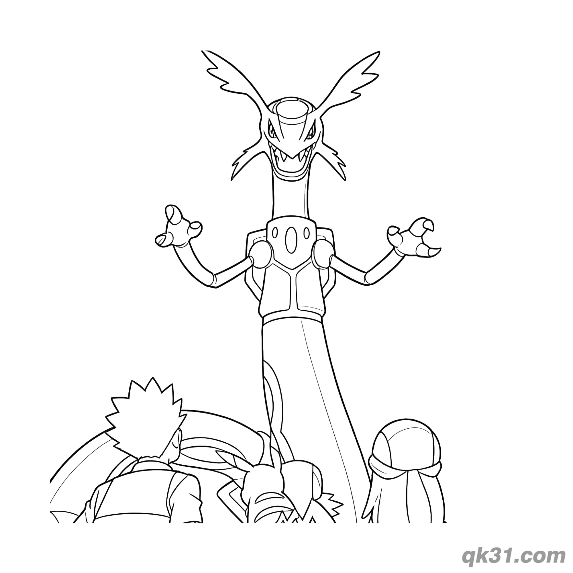 免费 小智与伙伴仰望原始烈空坐简笔画涂色页 简笔画涂色页