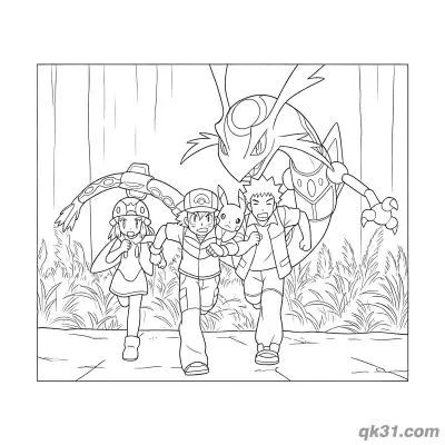 小智小遥小胜皮卡丘躲避烈空坐简笔画涂色页 – 免费可打印简笔画涂色画