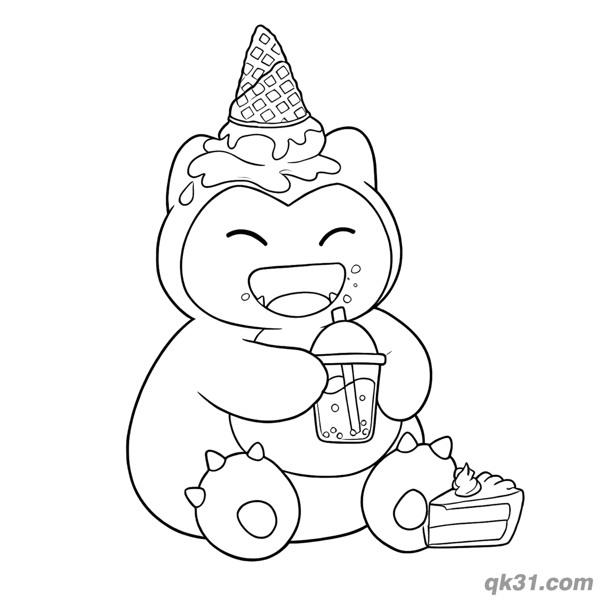免费 享用甜点的卡比兽宝可梦简笔画涂色页 简笔画涂色页