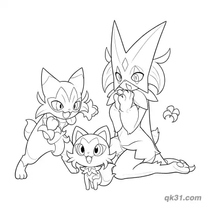 新叶喵蒂蕾喵魔幻假面喵家族简笔画涂色页 – 免费可打印简笔画涂色画
