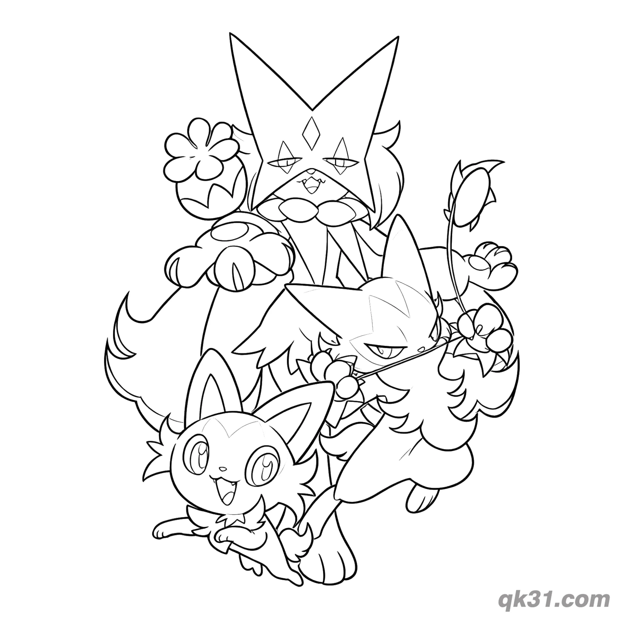 免费 新叶喵蒂蕾喵魔幻假面喵进阶团体简笔画涂色页 简笔画涂色页