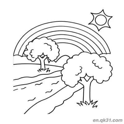森林田野彩虹与太阳涂色页 – 免费可打印简笔画涂色画