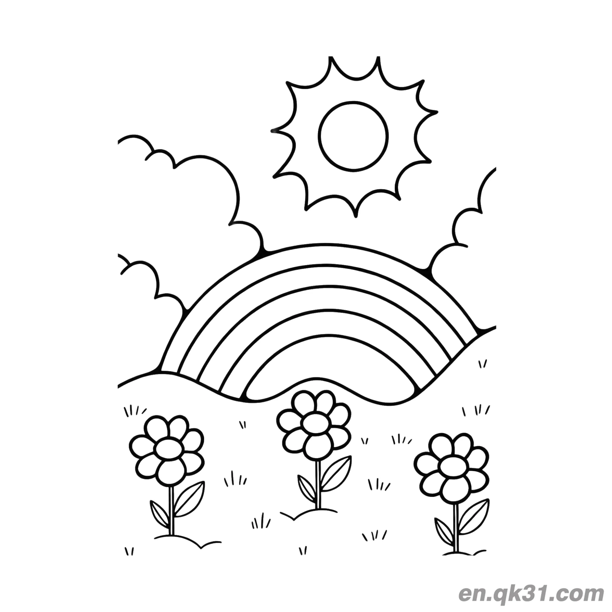 免费 花园花朵彩虹与太阳涂色页 简笔画涂色页