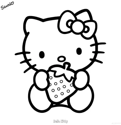凯蒂猫手捧大草莓诱人涂色页 – 免费可打印简笔画涂色画