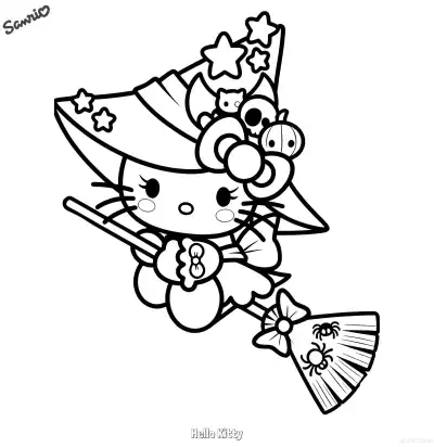 凯蒂猫女巫骑扫帚万圣节涂色页 – 免费可打印简笔画涂色画