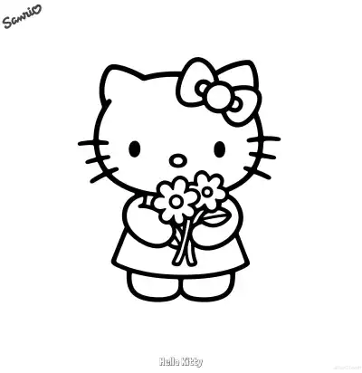 凯蒂猫手捧一束小花涂色页 – 免费可打印简笔画涂色画