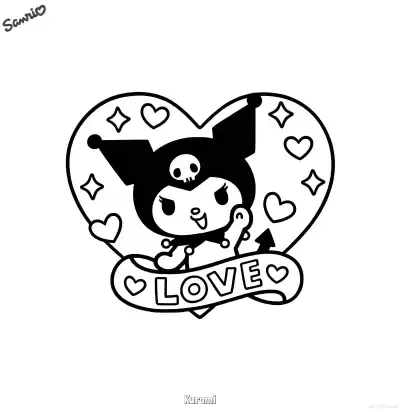 库洛米爱心LOVE横幅浪漫涂色页 – 免费可打印简笔画涂色画