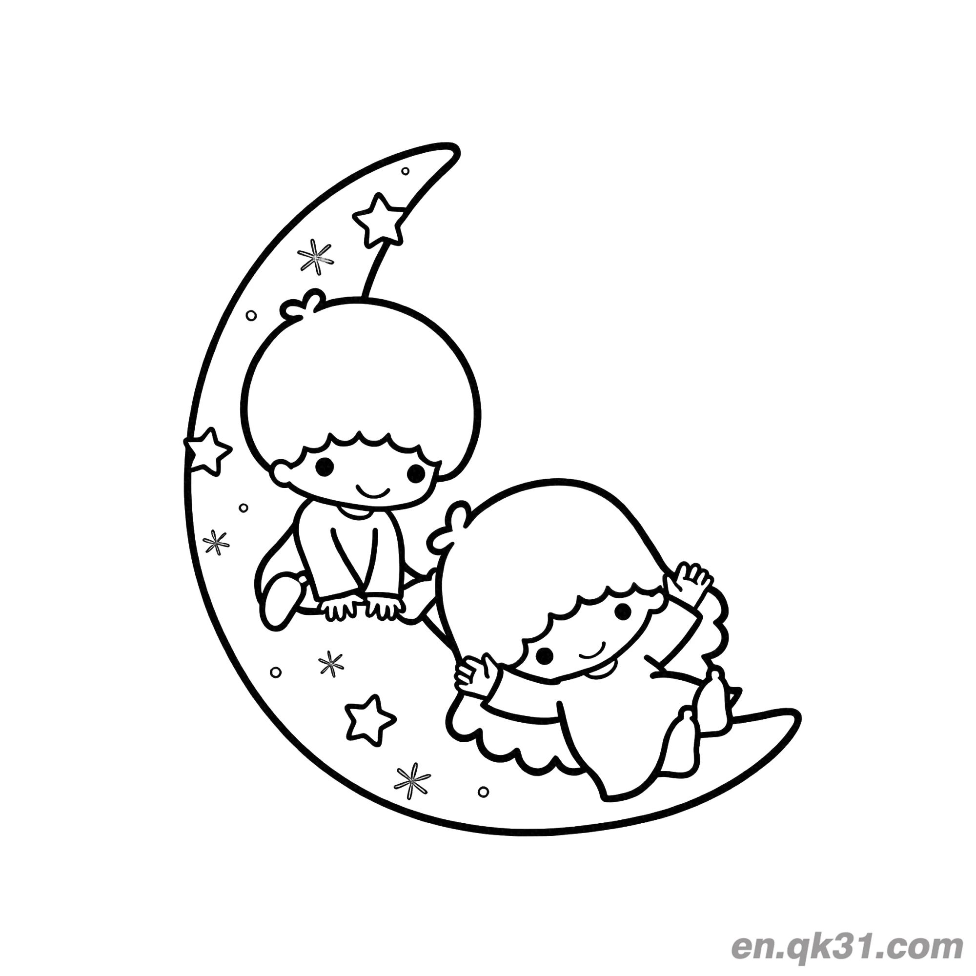 免费 双子星 坐在新月上周围有星星 简笔画涂色页 简笔画涂色页
