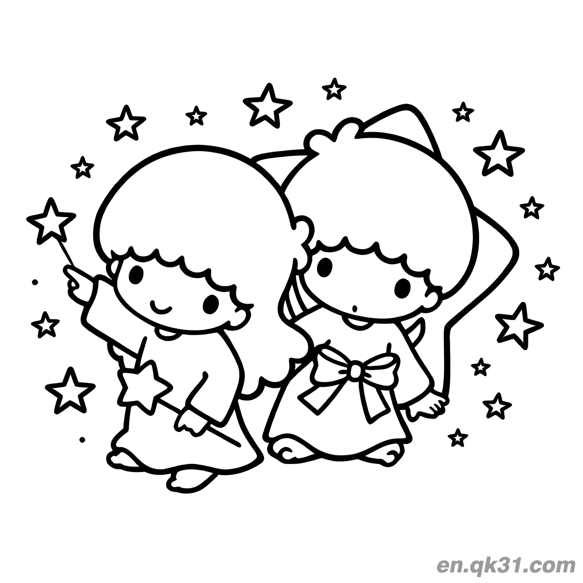 免费 双子星 拉拉用魔杖点亮星星基琪穿蝴蝶结连衣裙 简笔画涂色页 简笔画涂色页