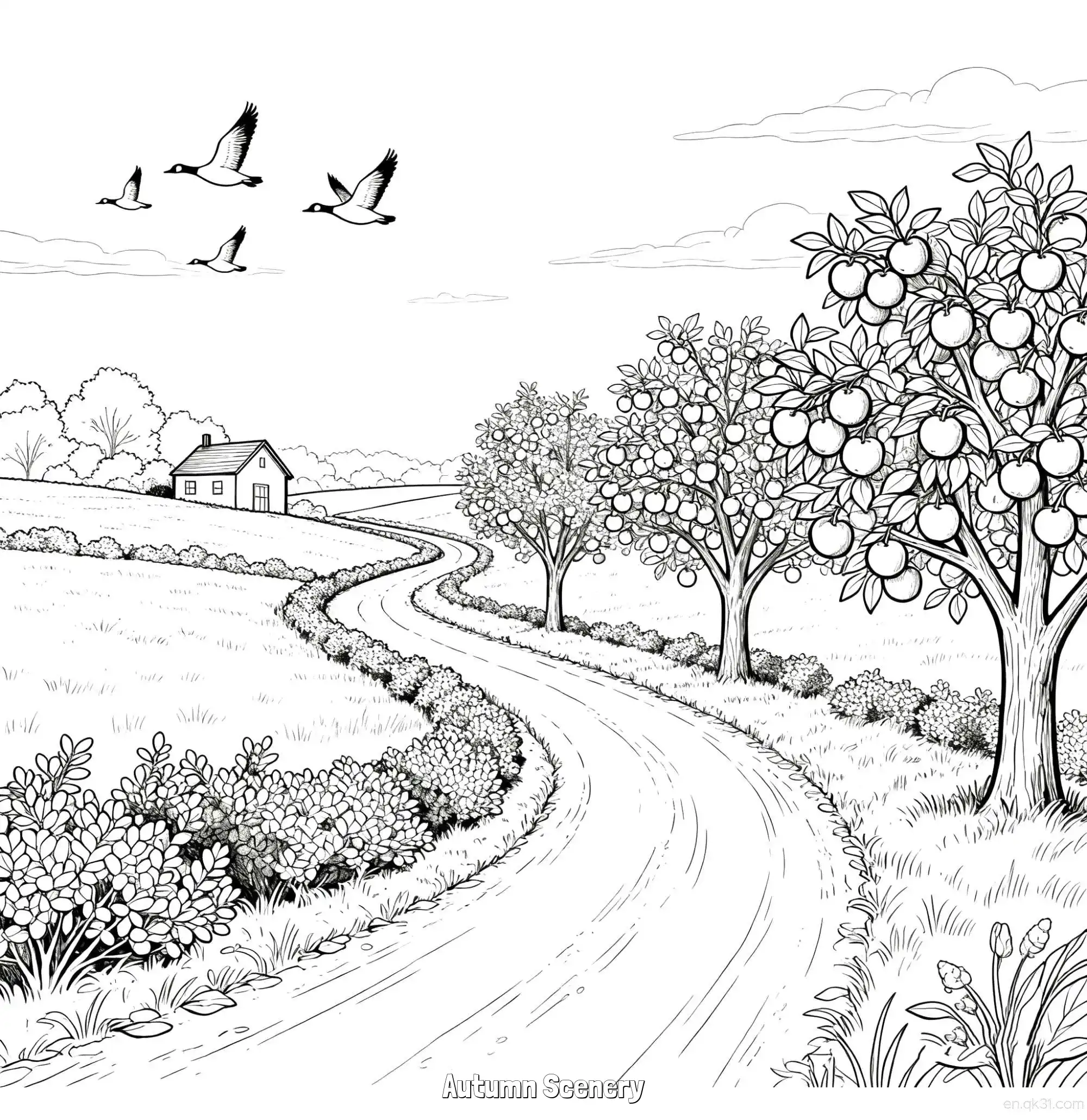 免费 秋天的风景 1简笔画 素描 涂鸦 - 免费可打印秋季 下载PDF 简笔画涂色页
