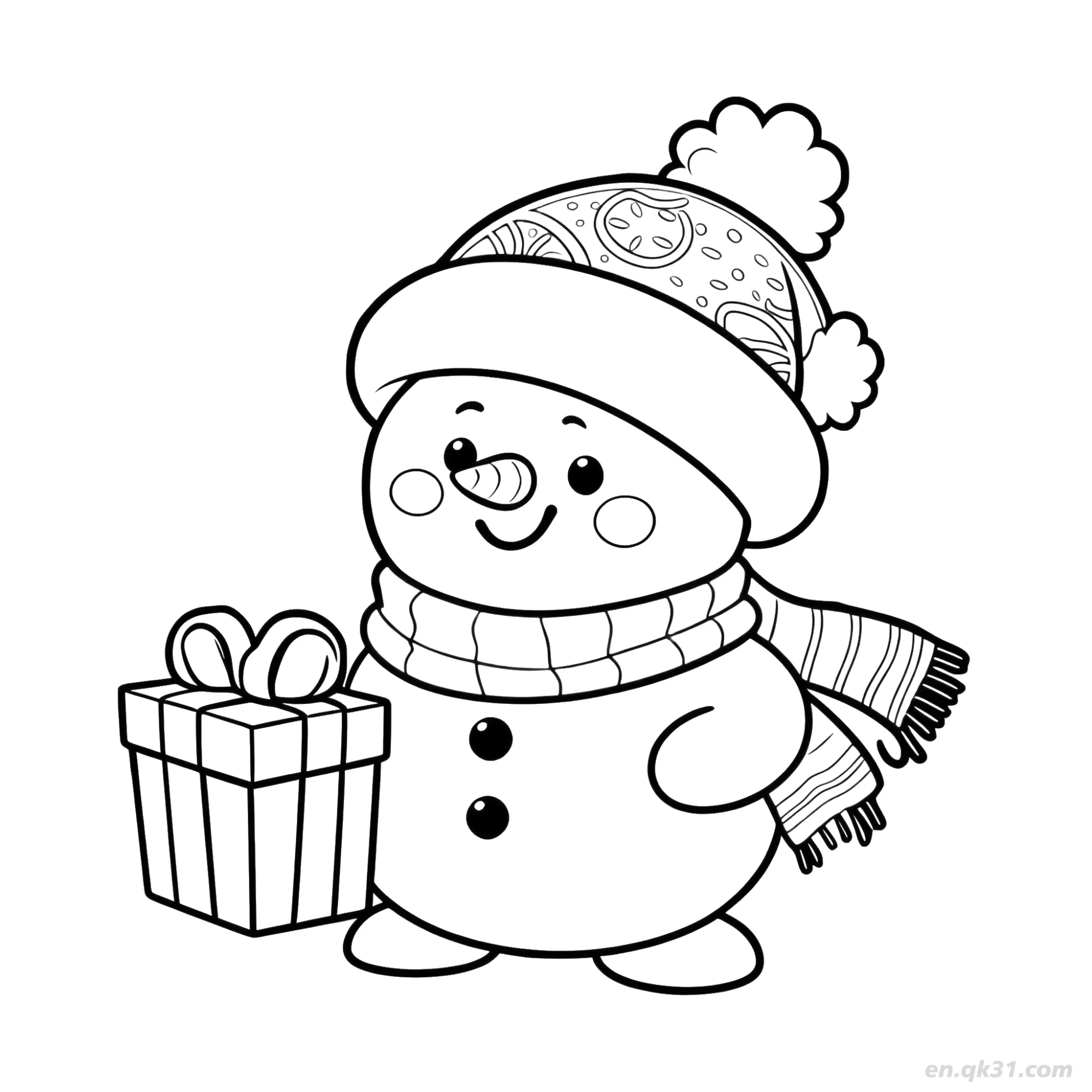 免费 拿礼盒雪人涂色页 简笔画涂色页