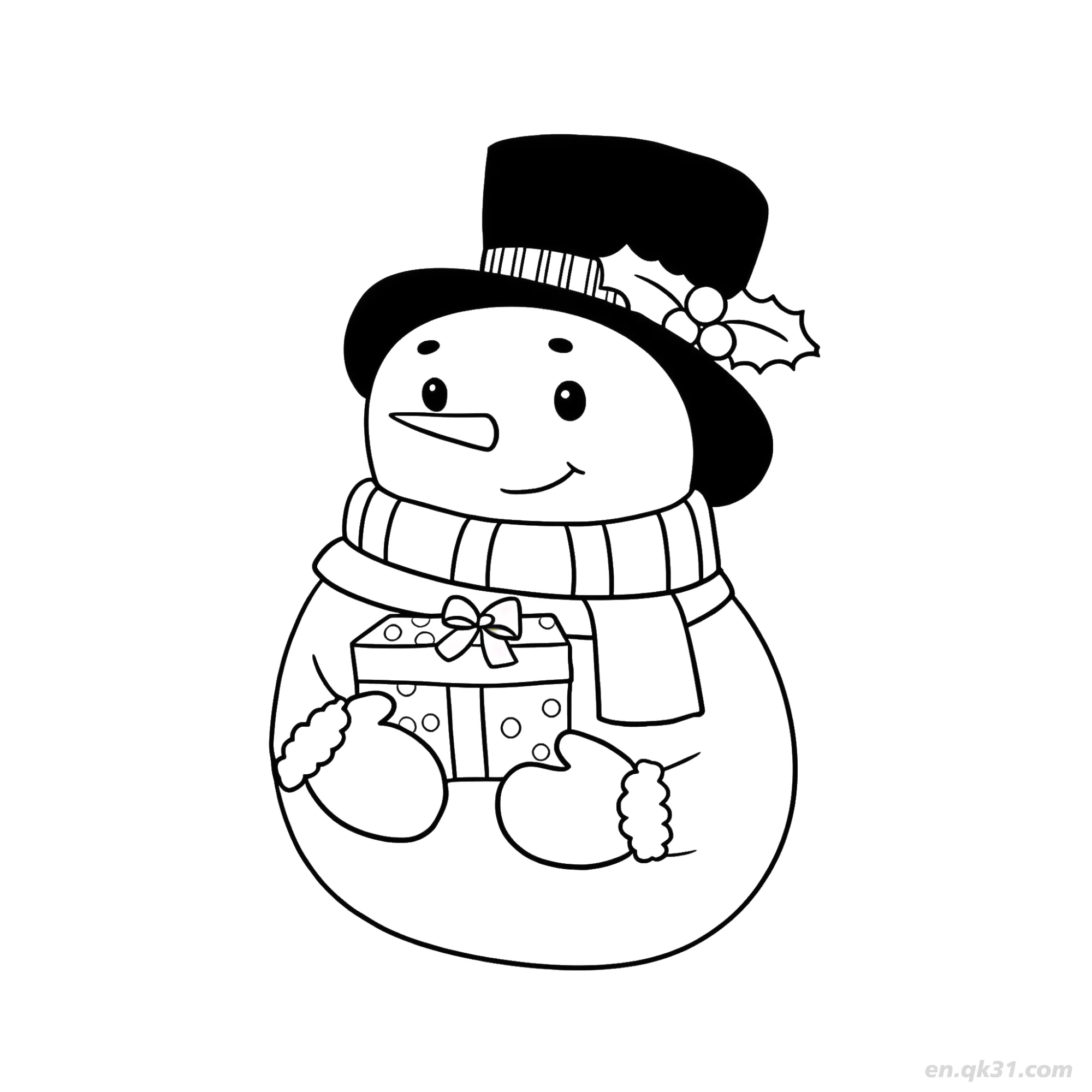 免费 圣诞礼物冬青帽雪人涂色页 简笔画涂色页