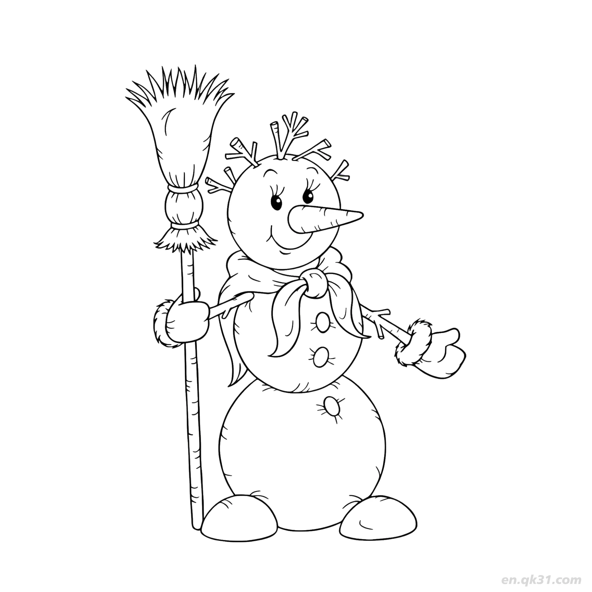 免费 手套稻草扫帚雪人涂色页 简笔画涂色页