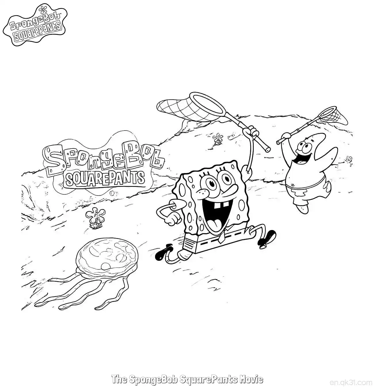 免费 海绵宝宝和派大星抓水母 电影版涂色页 简笔画涂色页