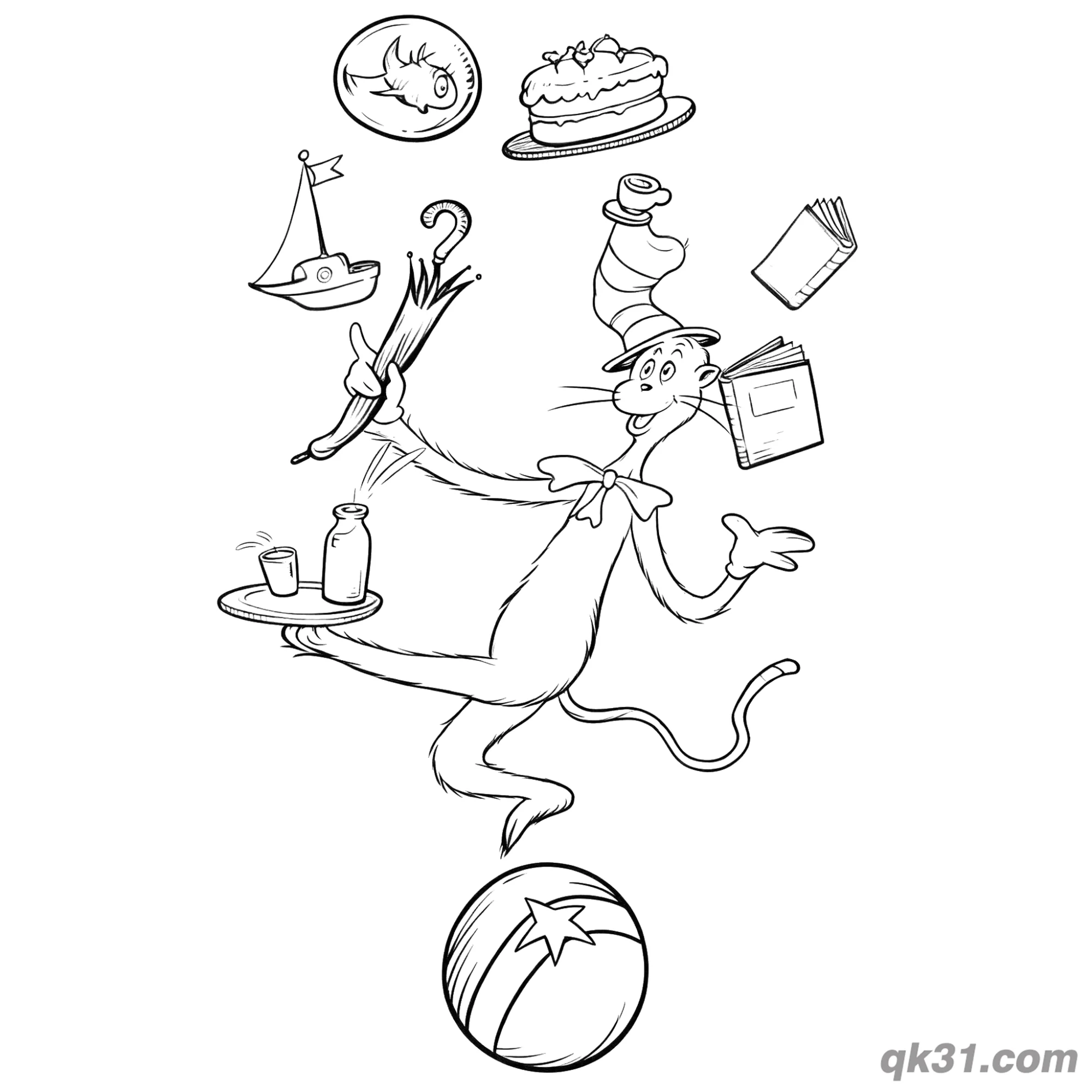 免费 戴帽子的猫平衡表演简笔画涂色页 简笔画涂色页