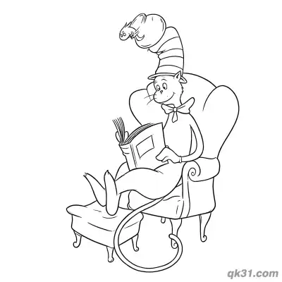 戴帽子的猫读书涂色书页 – 免费可打印简笔画涂色画