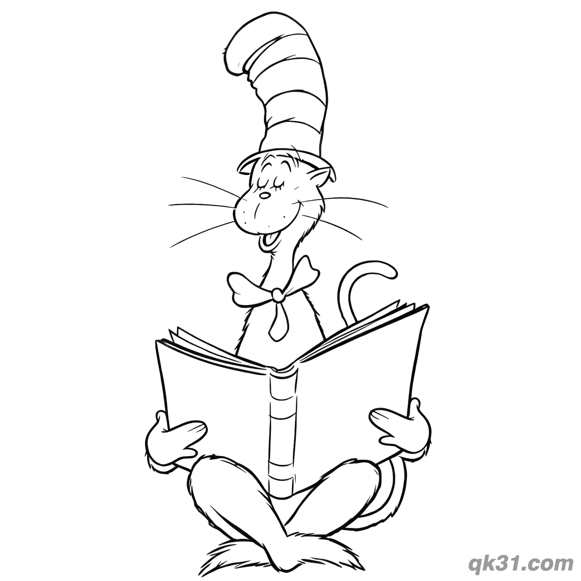 免费 戴帽子的猫读书简笔画涂色页 简笔画涂色页