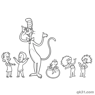 戴帽子的猫与全部角色涂色活页 – 免费可打印简笔画涂色画