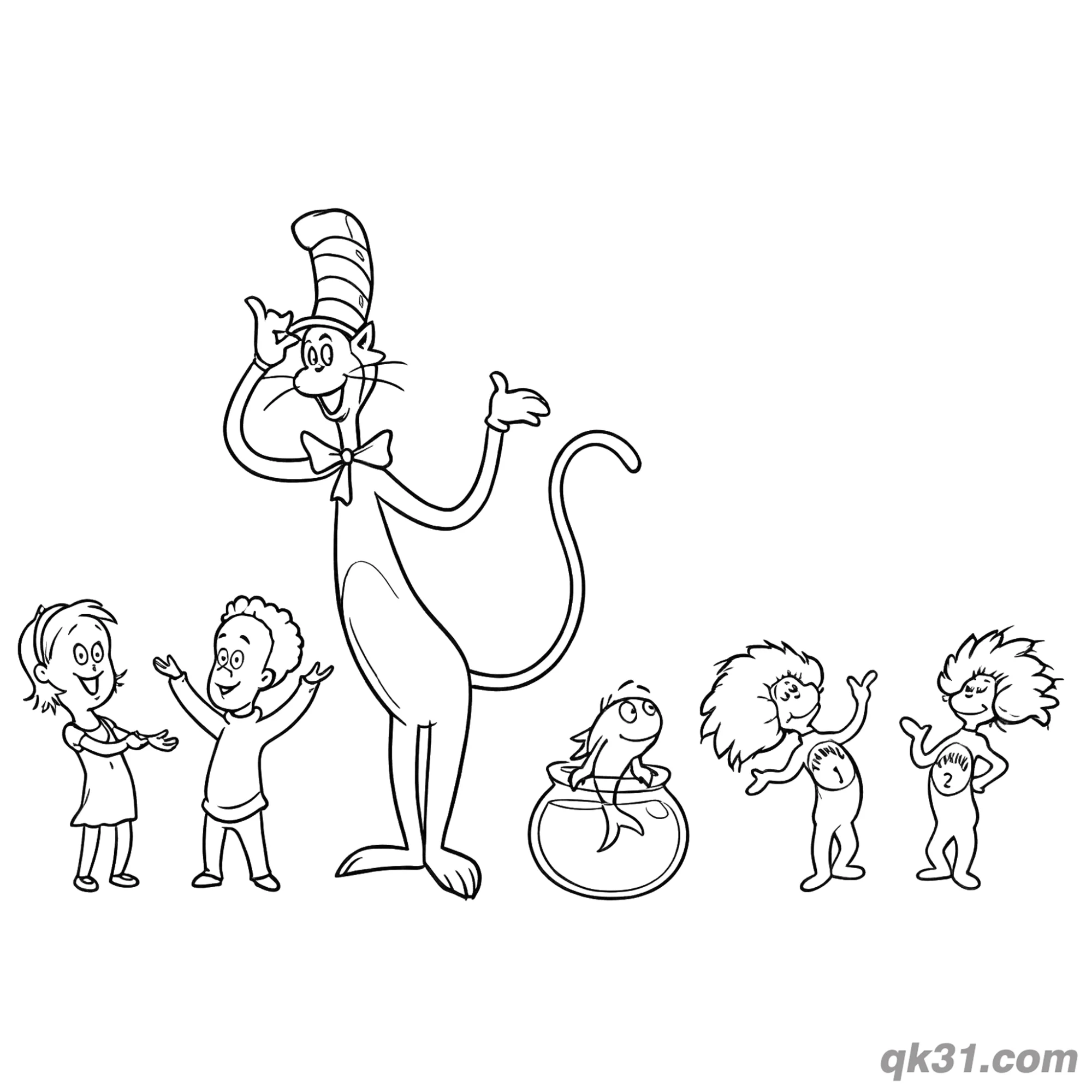 免费 戴帽子的猫与全部角色涂色活页 简笔画涂色页