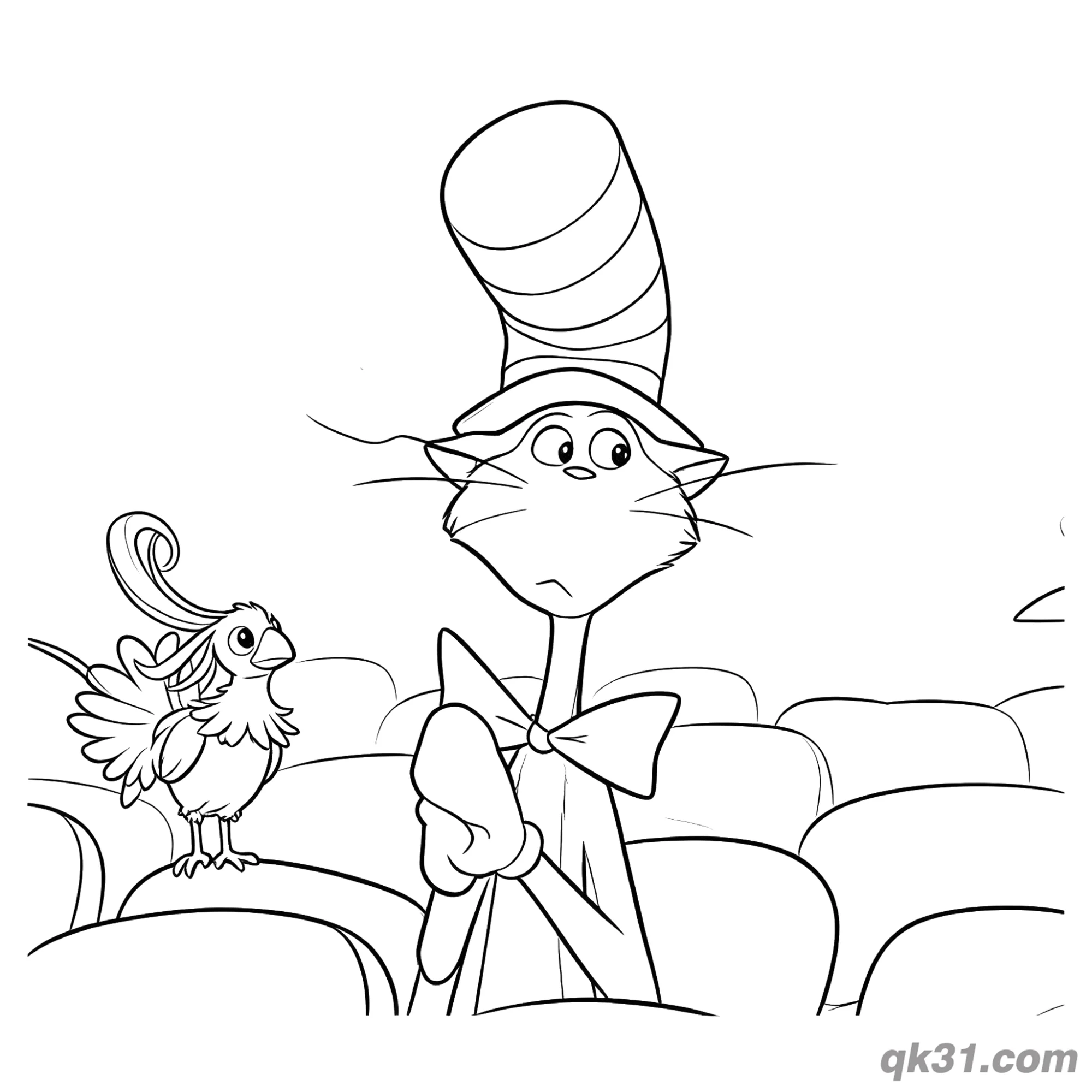 免费 戴帽子的猫与小鸟简笔画涂色页 简笔画涂色页