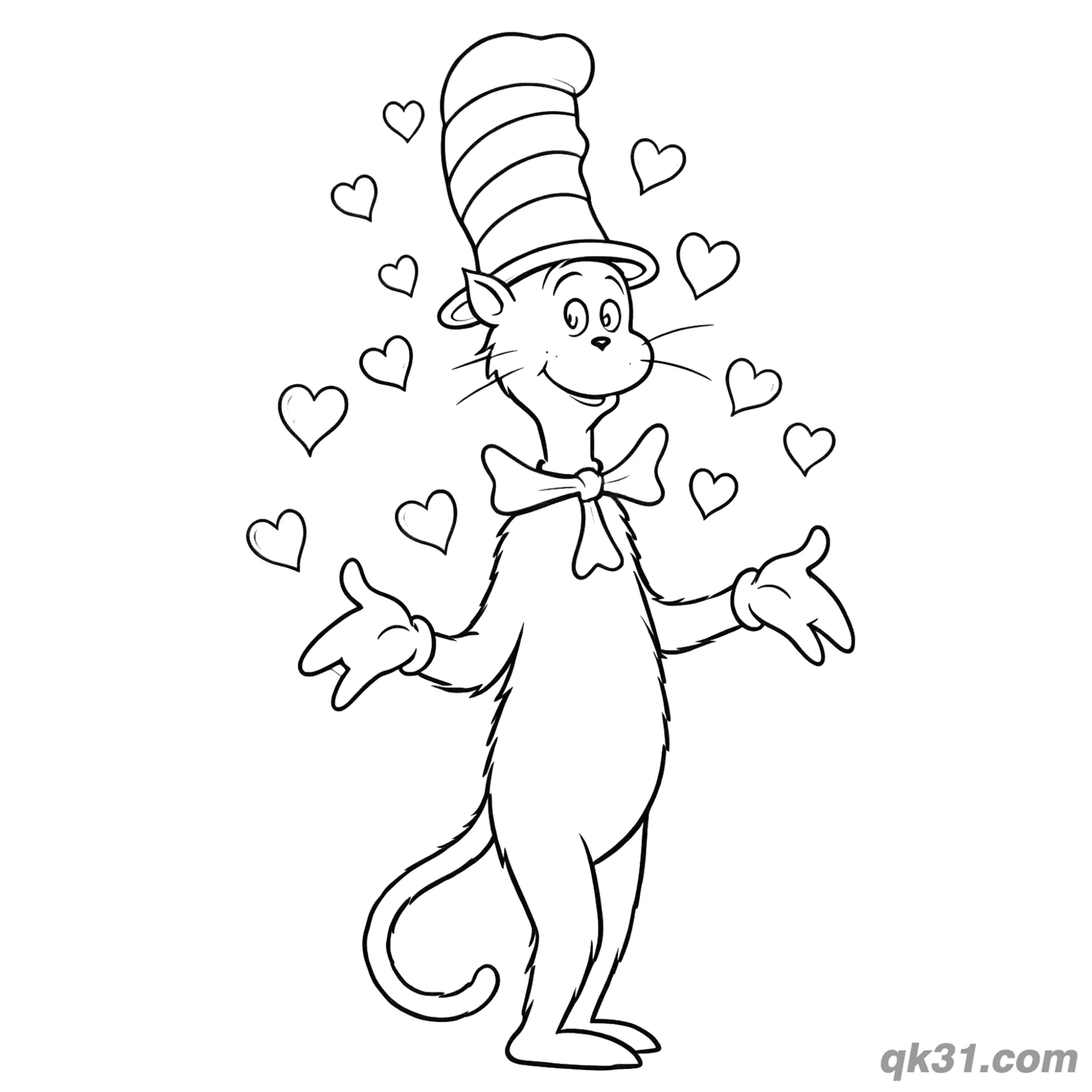 免费 戴帽子的猫与爱心涂色活页 简笔画涂色页