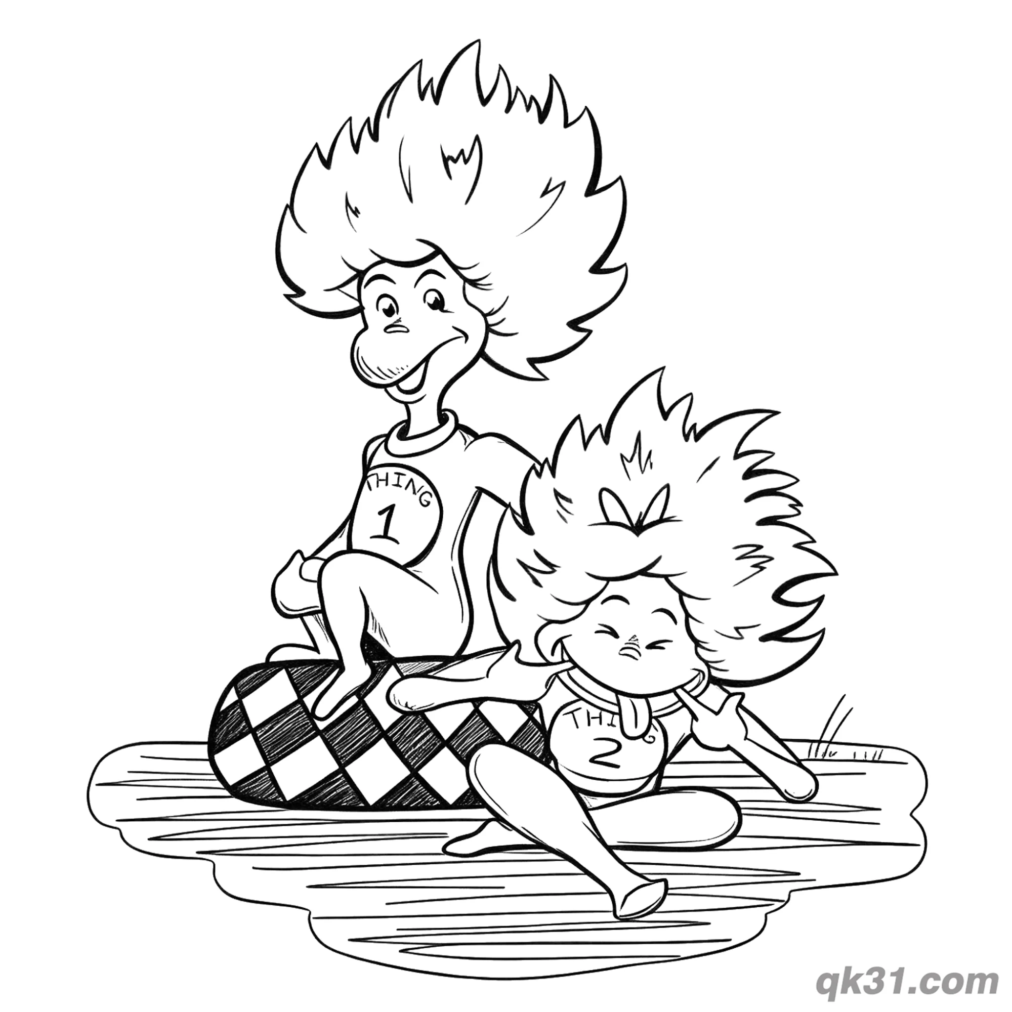 免费 玩耍的1号2号小精灵简笔画涂色页 简笔画涂色页